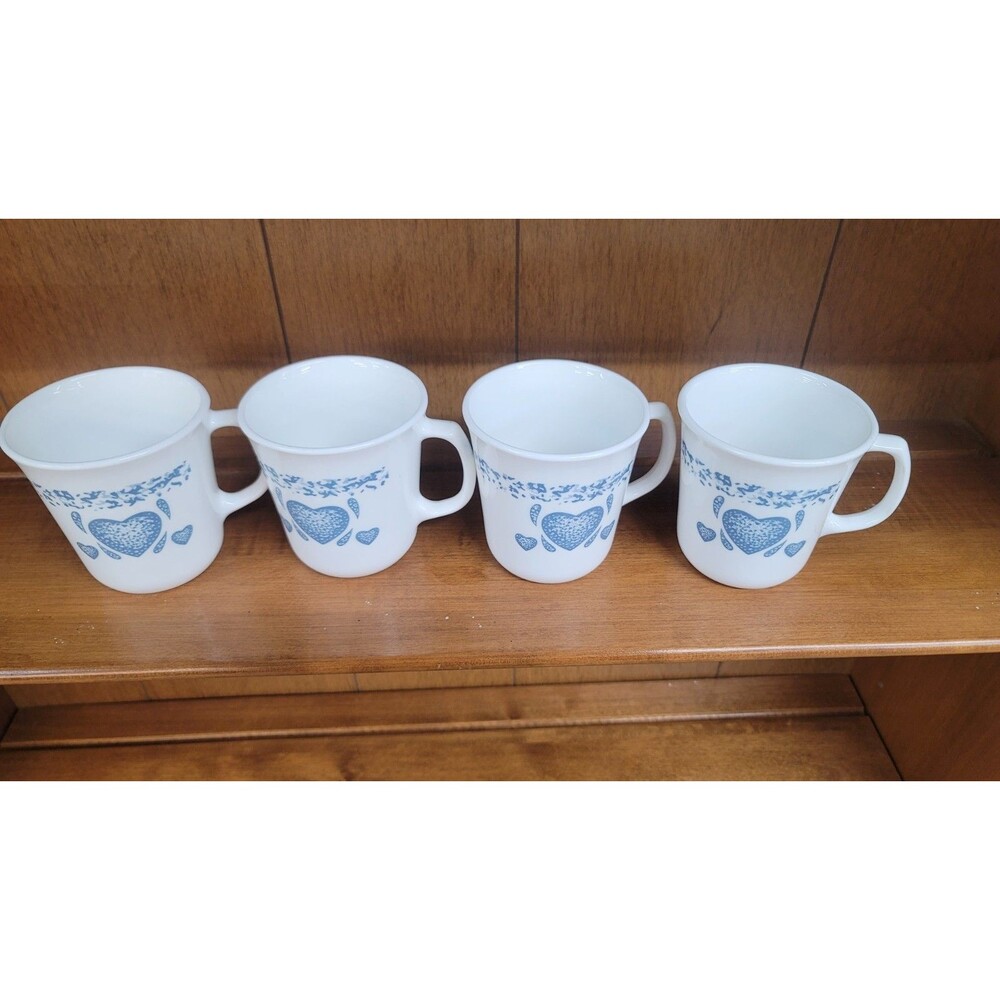 Vintage Corelle "Blue Hearts" 8 oz Coffe Mugs By Corning Set of 4
